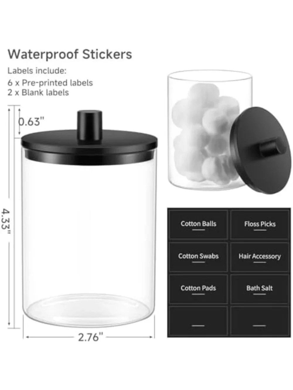 Clear Glass Qtip Holder Dispenser - 10 oz Apothecary Jar Set for Bathroom